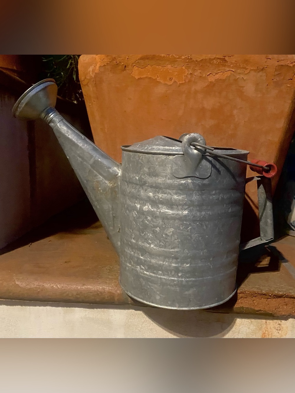 vintage galvanized steel watering can side carrying handle with a red grip.